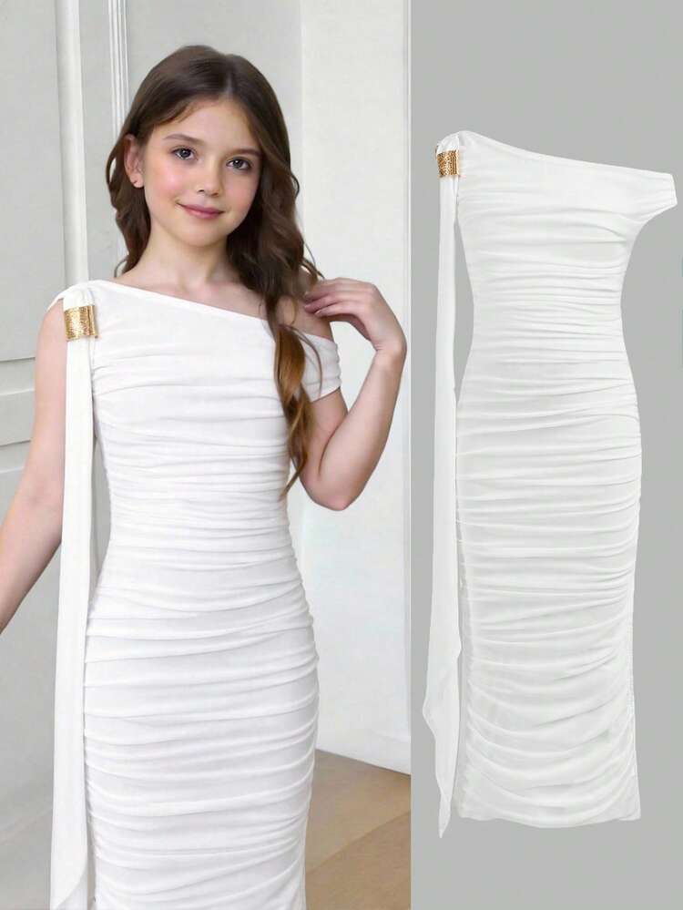 SHEIN Vestido de punto blanco largo, ajustado, con volantes en el hombro asimétrico y la cintura, elegante y casual para niña preadolescente. Adecuado para fiestas de cumpleaños, atuendos de vuelta al colegio, reuniones y uso casual. - Blanco - Añade 6
