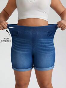 SHEIN Tall CURVE 夏季加大码女式高挑曲线休闲运动装日常通勤舒适透气高弹面料高腰修身牛仔蓝色短裤 - 中等水洗藍 - 查看 8
