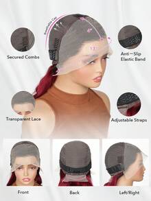 13x4 波浪卷蕾丝前假发，真人发，预先拔毛，1B 酒红色蕾丝前假发，真人发，带婴儿发，1B/99J，180 密度 - S1B/99J - 查看 4