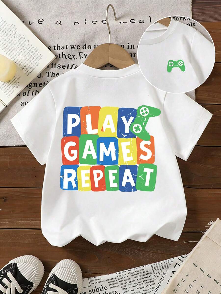 Young Boys' Colorful Print Casual Short Sleeve Round Neck T-Shirt, Summer - White - View 1