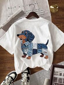 EMERY ROSE 女士休闲腊肠犬印花圆领短袖T恤，夏季 - 白色 - 查看 5