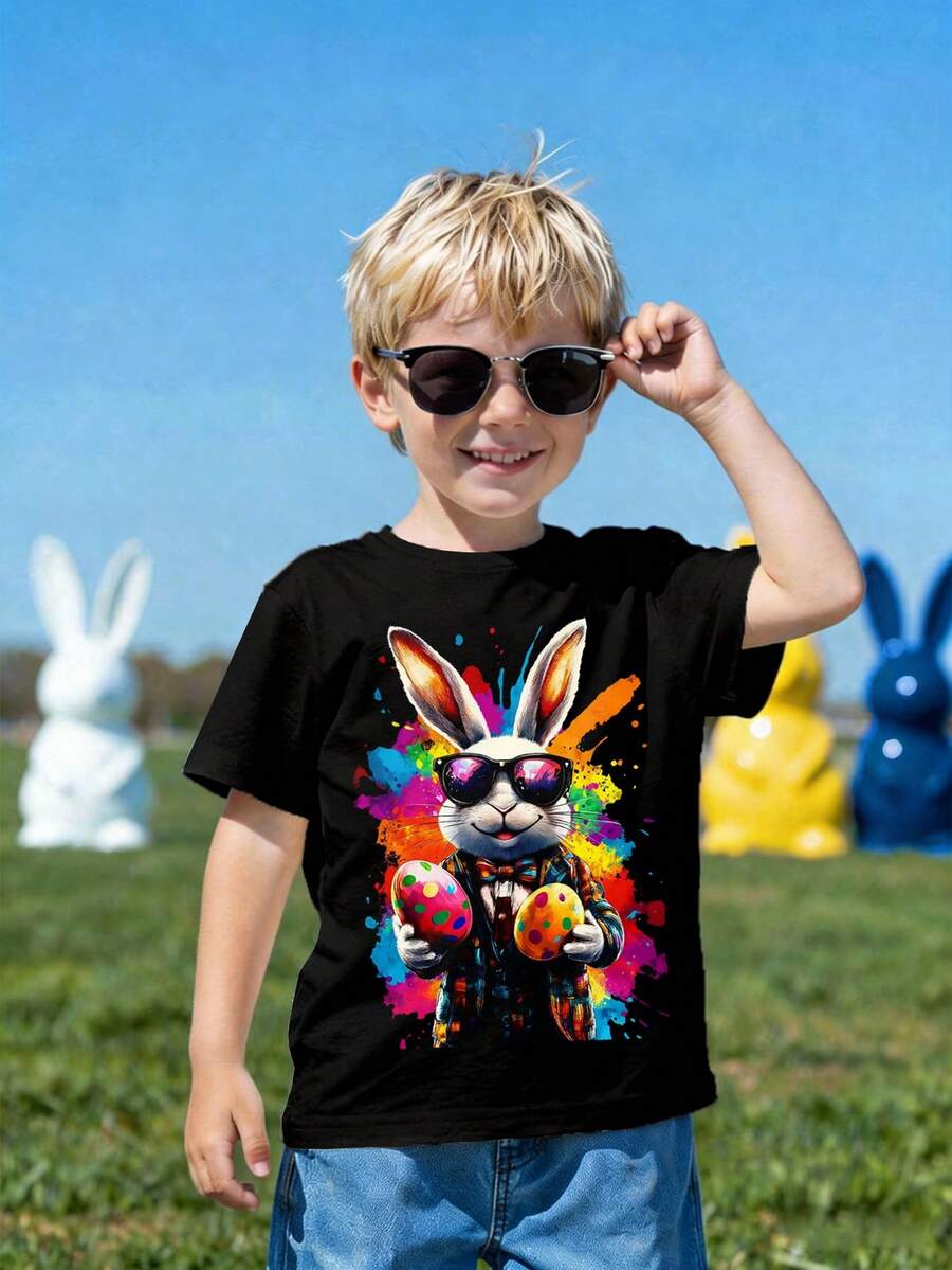男童圆领短袖T恤,复活节彩蛋和彩色兔子印花,街头时尚,休闲百搭,春夏街头服饰 - 彩色 - 查看 1