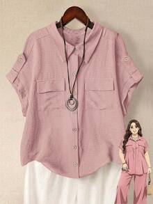 Linhara 大码女式纯色全扣翻领短袖双口袋休闲舒适时尚衬衫 - 藕粉色 - 查看 1