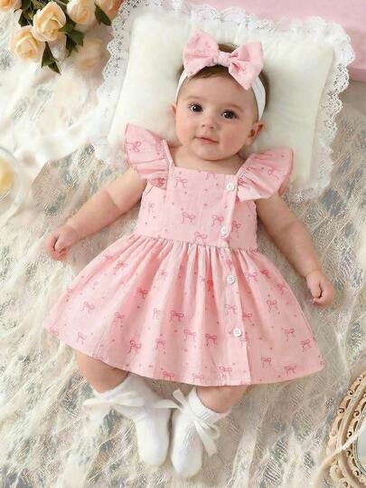 SHEIN Bộ 2 món váy và băng đô không tay in họa tiết hoa màu nước cho bé gái, trang phục sơ sinh với nơ trang trí, thiết kế mở phía trước tiện lợi, phù hợp cho bé từ 0-9 tháng tuổi, dự tiệc, mặc hàng ngày, mềm mại và thoải mái, sản phẩm mới mùa hè 2026.