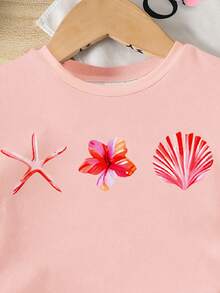 SHEIN 2pcs/Set Baby Girls' Casual Loose Round Neck Short Sleeve T-Shirt With Cute Sea Creature, Shell, Bow Print And Fitted Bike Shorts, Suitable For Spring/Summer, Casual, Beach, Weekend, Adorable Summer Outfit, Korean Style, Summer Outerwear, Baby Girl Summer Clothes, Baby Girl Shell Set, Baby Girl Beach Set - Multicolor - View 4