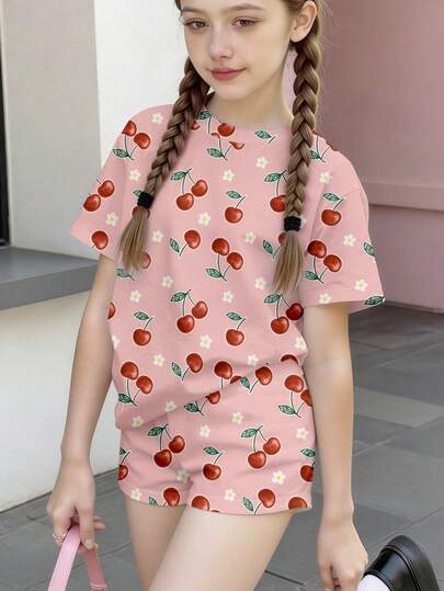 樱花印花数码印花两件套女童短袖上衣和短裤套装，适合春夏穿着