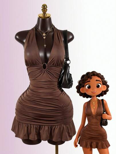 SaltGleam SaltGleam Vestido mini ajustado con escote profundo en V asimétrico, plisado y espalda descubierta con tirantes finos, adecuado para citas, fiestas, clubes, festivales de música, San Valentín, bailes, Acción de Gracias, salidas y otras ocasiones