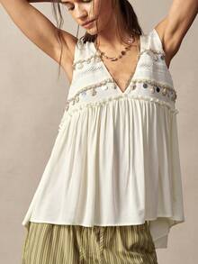 Bohemela Women's Off-White Boho Summer Tank Top,Vacation Holiday Handcrafted Shell Tassel Patchwork Ruffled Hem Casual Sleeveless Top For Beach Festival - Apricot - View 5
