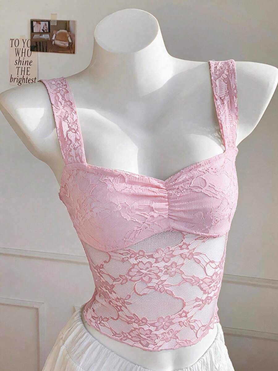 Comfortcana Camiseta corta y ajustada con tirantes gruesos, encaje y volantes, con estilo Y2K sexy para mujer - Rosa - Ver 1