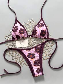 Swim Mod 2026 Spring/Summer Women's Solid Color Drawstring Halter Leopard Print Random Floral Beach Shell Decor Side Tie High Cut Thong Sexy Bikini Set Set - Multicolor - View 1