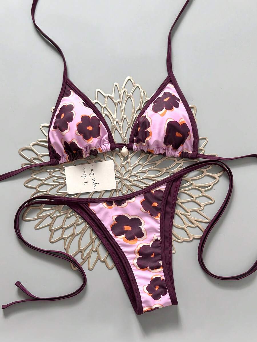 Swim Mod 2026 Spring/Summer Women's Solid Color Drawstring Halter Leopard Print Random Floral Beach Shell Decor Side Tie High Cut Thong Sexy Bikini Set Set - Multicolor - View 1