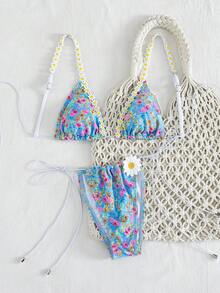 Swim Mod 新款女士优雅可爱碎花两件套比基尼套装 - 蓝色碎花三角上衣，饰有雏菊蕾丝边，系带下装，饰有雏菊贴花 - 顺滑弹力透气面料 - 可调节肩带，尽显迷人身姿，甜美夏日风情 - 夏季海滩度假、泳池派对、音乐节、婚礼、春假度假、热带之旅的完美泳装之选 - 彩色 - 查看 5