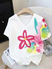 EMERY ROSE Colorful Y2K Dopamine Floral Print Loose-Fitting Women's V-Neck T-Shirt - Multicolor - View 3