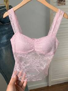 Comfortcana Camiseta corta y ajustada con tirantes gruesos, encaje y volantes, con estilo Y2K sexy para mujer - Rosa - Ver 5