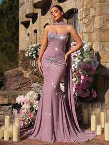 Glamrae 优雅奢华不对称无肩带腰部网纱透视鱼骨带装饰水钻镶嵌高弹针织网纱腰部扭结鱼尾长裙（含可拆卸亮片吊坠配饰），适合约会、度假、单身派对、婚礼及所有正式场合。 - 紫色 - 查看 2