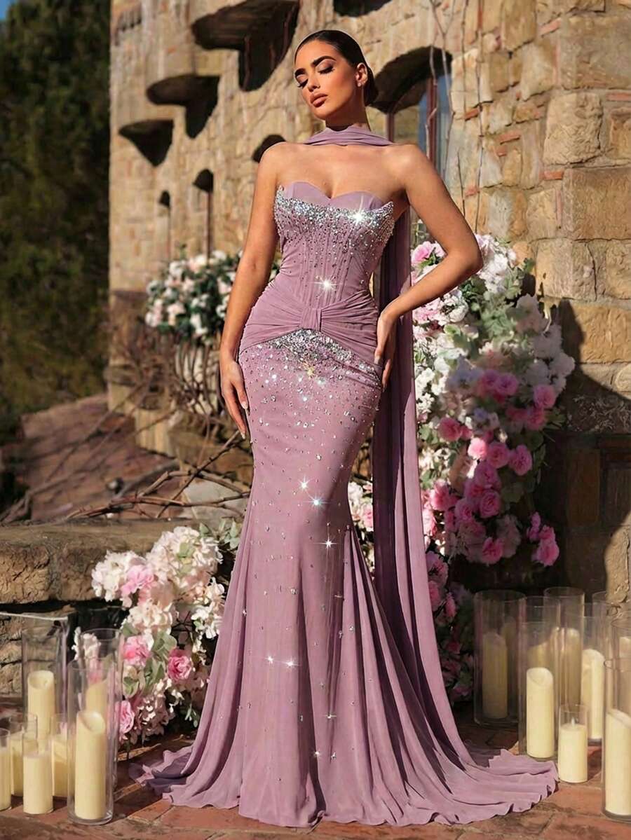 Glamrae 优雅奢华不对称无肩带腰部网纱透视鱼骨带装饰水钻镶嵌高弹针织网纱腰部扭结鱼尾长裙（含可拆卸亮片吊坠配饰），适合约会、度假、单身派对、婚礼及所有正式场合。