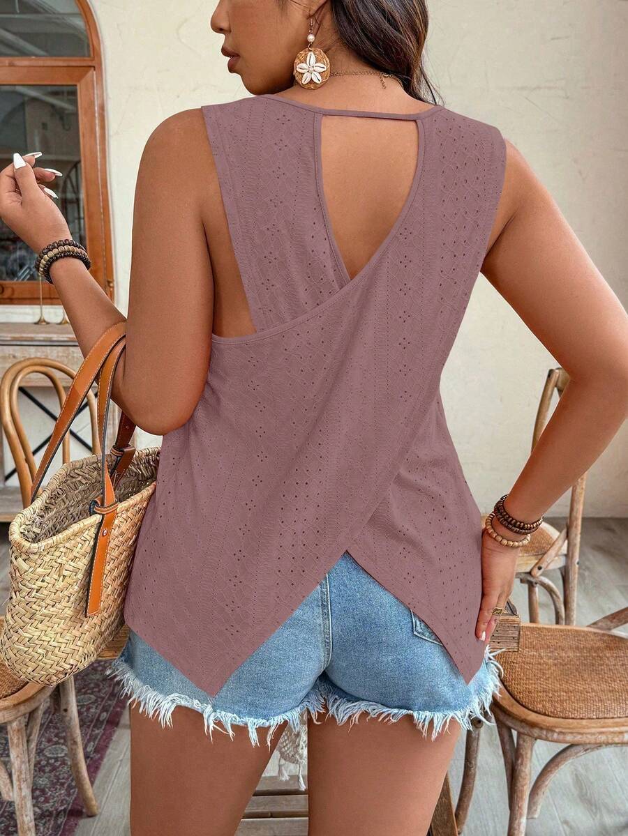 SHEIN Clasi ملابس علوية نسائية بحجم كبير ذات لون أحادي وياقة مستديرة وظهر متقاطع، مناسبة للارتداء اليومي والاستخدام المتعدد - بني مصدي - مشاهدة 1
