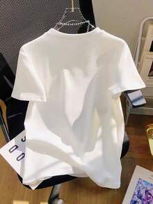 SHEIN Camiseta de manga corta casual de unicolor para mujer con adornos de rhinestone - Blanco - Ver 2