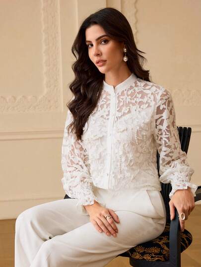 ZEYLAH Women's Cutout Long Sleeve Single-Breasted Elegant Mandarin Collar Blouse