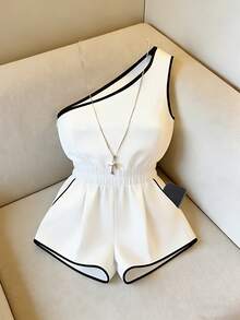 Franclia 撞色拼接腰部褶裥时尚优雅女士无袖连体裤 - 白色 - 查看 6