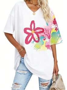 EMERY ROSE Colorful Y2K Dopamine Floral Print Loose-Fitting Women's V-Neck T-Shirt - Multicolor - View 1