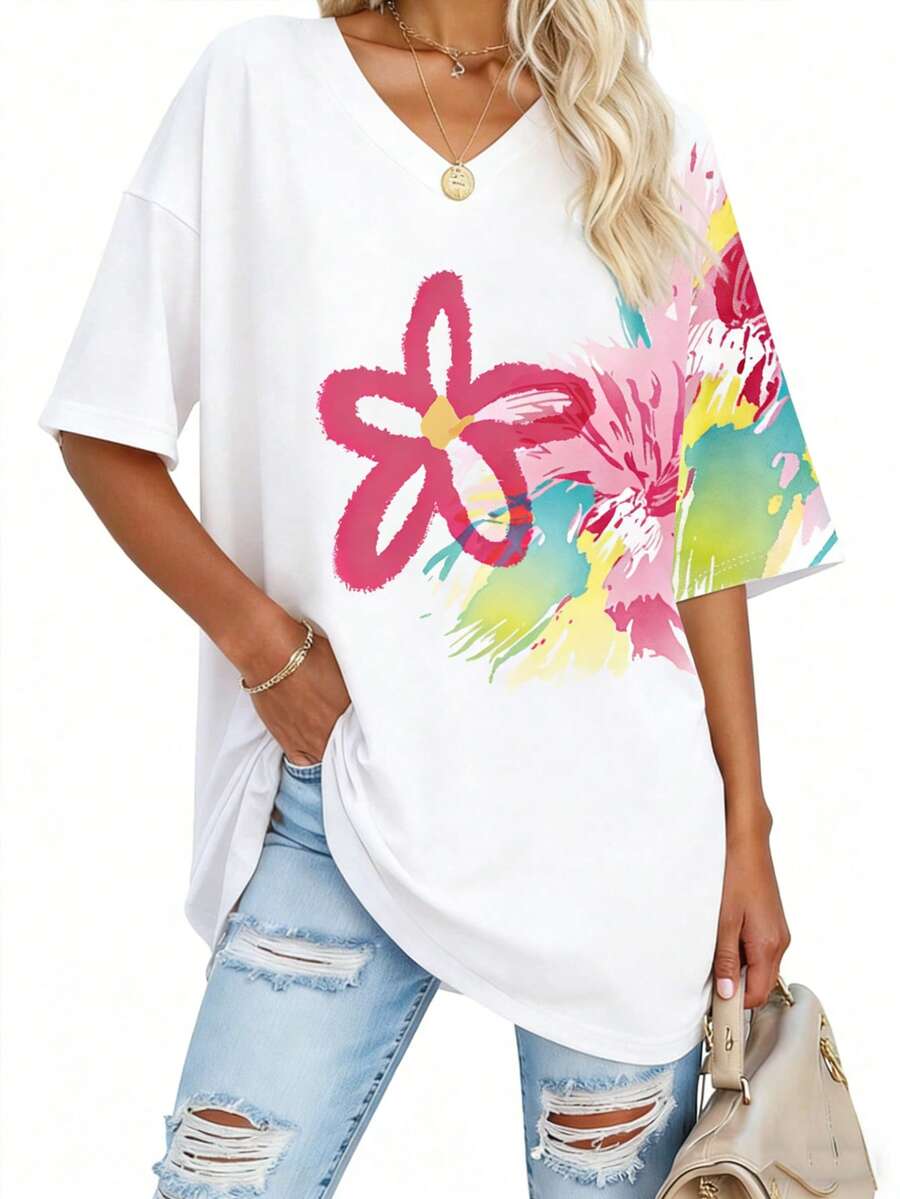 EMERY ROSE Colorful Y2K Dopamine Floral Print Loose-Fitting Women's V-Neck T-Shirt - Multicolor - View 1