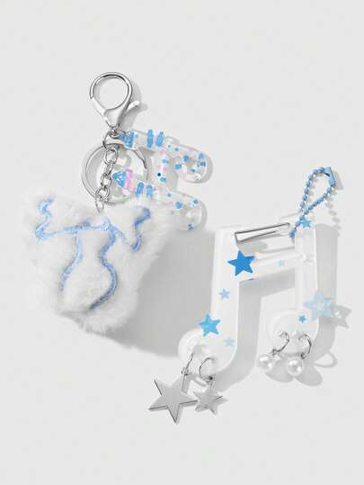 ROMWE Anime 1 pieza Accesorio de llavero versátil y minimalista de moda casual, de alta calidad, con bordado de lazo de línea azul y blanco, lunares acrílicos, estrella, perla falsa y nota musical, adecuado para hermanas, mejores amigas, mujeres, uso diario y regalo de vacaciones