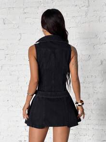 StreetHx Đầm denim ôm dáng, không tay, màu trơn, có khóa kéo dành cho nữ - màu đen - Xem 2