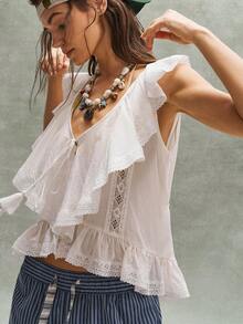 Bohemela 波西米亚风春夏女式衬衫，白色蕾丝荷叶边设计，开襟款式，休闲百搭，适合春季、夏季、外出、通勤、度假、节日、情人节、职场、音乐节、海滩、狂欢节、复活节等各种场合。夏季女式上衣，优雅夏季女式上衣。 - 白色 - 查看 7