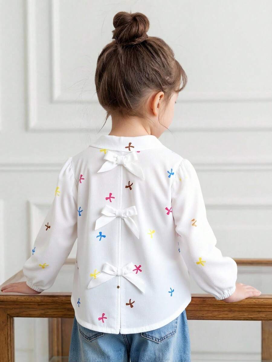 Summer Tops 1pc Girls Turndown Collar Long Sleeve Striped Button-Up Casual Shirt, Autumn - White - View 1