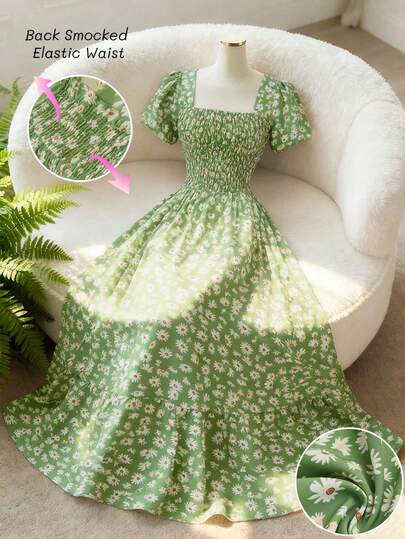 GlowEve CURVE 大码女式浪漫复古碎花方领泡泡袖褶皱腰身A字荷叶边下摆优雅中长连衣裙，适合度假、约会、日常穿着