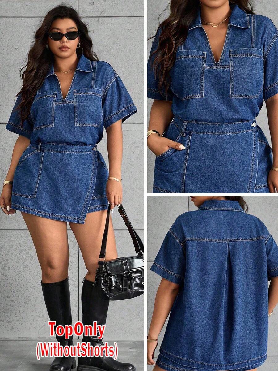 SHEIN ICON Jaket Denim Kasual Ukuran Besar, Musim Panas - Medium Wash - View 1