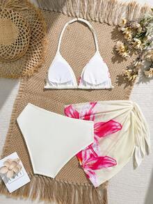 SHEIN Bộ bikini 3 mảnh dành cho thiếu nữ, bộ đồ bơi ba mảnh in hoa mùa hè, thiết kế cổ yếm và cúp ngực tam giác, kèm theo áo khoác chống nắng, thân thiện với da và nhanh khô, bộ bikini đi biển cho bé gái. Đồ bơi bikini in hoa cho bé gái kèm khăn choàng, đồ bơi mùa hè, bikini tam giác cho bé gái kèm áo khoác ngoài. - Nhiều màu - Xem 2