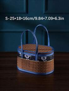 1 chiếc giỏ đựng đồ cắm trại gấp gọn đan từ tre, phủ vải batik, giỏ dã ngoại, phong cách nông thôn - Màu Khaki - Xem 10