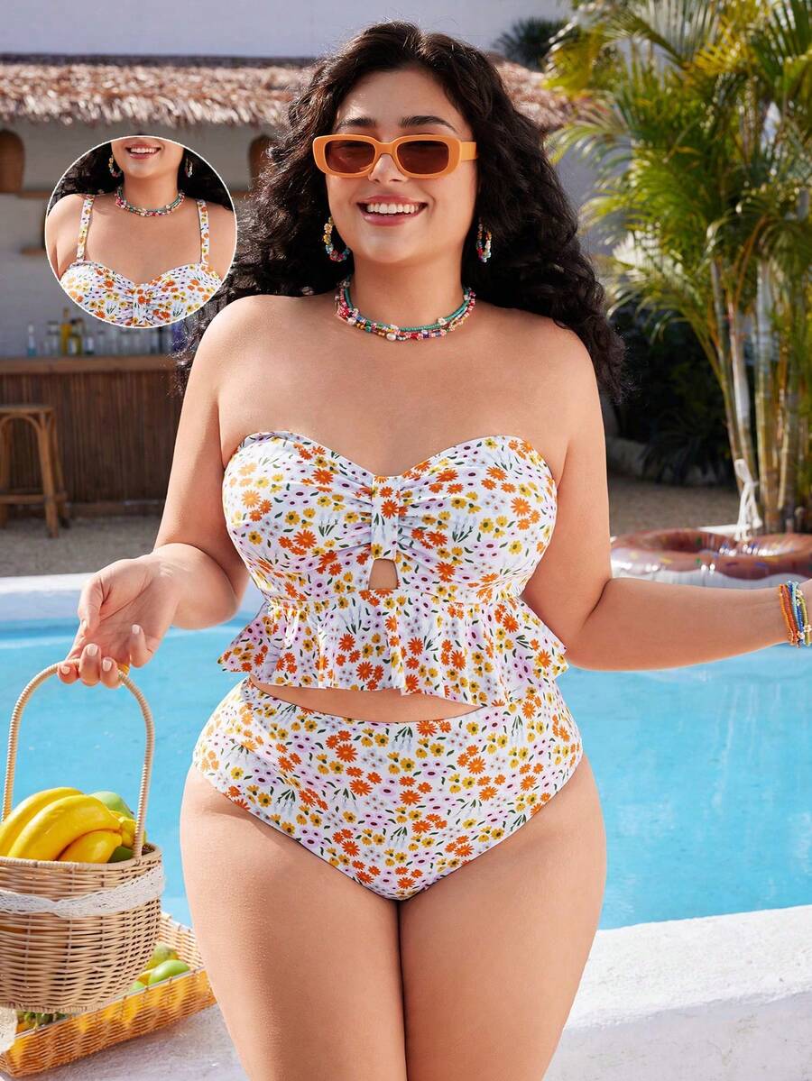 Swim Mod Bộ đồ bơi cỡ lớn Xuân/Hè 2026, vải hoa nhí, dây buộc eo và dây đeo vai có thể điều chỉnh, quần bơi cạp cao có bèo nhún, trang phục gợi cảm cho kỳ nghỉ biển và hồ bơi. - Nhiều màu - Xem 1
