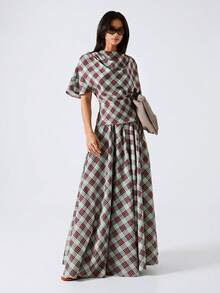 LYSMO 2026新款极简春夏女式休闲格纹印花垂褶领蝙蝠袖褶皱腰身T恤，适合日常通勤，格纹连衣裙，格纹两件套，格纹服装，格纹上衣，时尚女式衬衫/休闲女式衬衫 - 彩色 - 查看 7