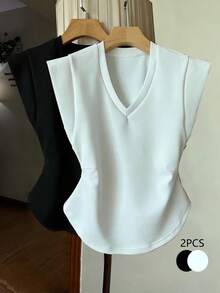 GlowEve 2pcs Women's Sleeveless V-Neck Ruched Waist Black & White Tank Top Set - Multicolor - View 1