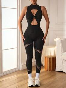 Slayform 1pc Women's Seamless Sexy Mesh Front Twist Zipper Closure Mandarin Collar Sleeveless Running Fitness Yoga Dance Gymnastics Jumpsuit - Black - View 3