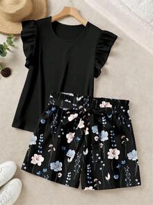 SHEIN LUNE 休闲简约浪漫印花大码女式短袖上衣和短裤两件套，适合夏季度假 - 彩色 - 查看 1
