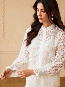 ZEYLAH Women's Cutout Long Sleeve Single-Breasted Elegant Mandarin Collar Blouse - White - View 5