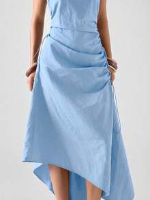 LYSMO 2026新款简约春季女式户外蓝色圆领无袖荷叶边不对称下摆休闲中长连衣裙，适合外出、返校、毕业典礼、街头休闲穿着，女士休闲连衣裙 - 藍色 - 查看 6