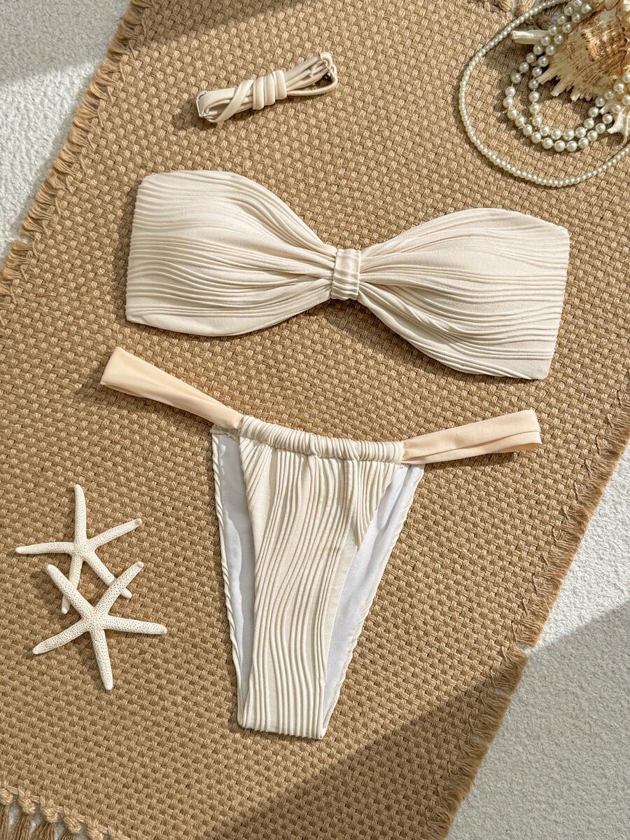 Swim Mod 2pcs Textured Solid Color Bandeau Bikini Set For Women, Suitable For Sunny Beach - Beige - View 1