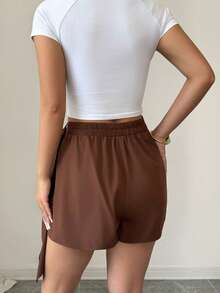 SHEIN Elenzya Waist-Cinching Elegant Romantic Refined Women Shorts - Coffee Brown - View 2