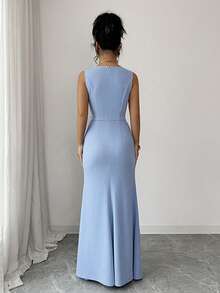 SHEIN Elenzya Đầm dự tiệc cocktail nhẹ nhàng, cổ vuông đính ngọc trai, viền bèo nhún, xẻ tà thanh lịch, lãng mạn, tinh tế dành cho quý cô - Màu xanh lam - Xem 2