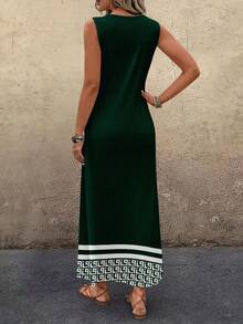 Brillora 女士几何印花圆领休闲派对长裙 - 綠色 - 查看 2