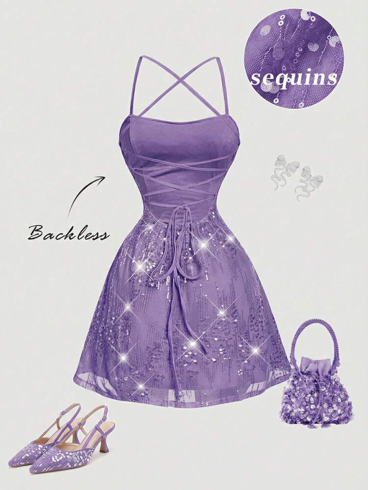 SHEIN MOD Vestido mini con lentejuelas color albaricoque sin espalda para mujer, vestido de San Valentín, vestido de Año Nuevo, vestido de fiesta, vestido elegante, vestido formal, atuendo de fiesta, vestido de graduación, vestido con lentejuelas, atuendo para concierto country - Morado - Añade 1