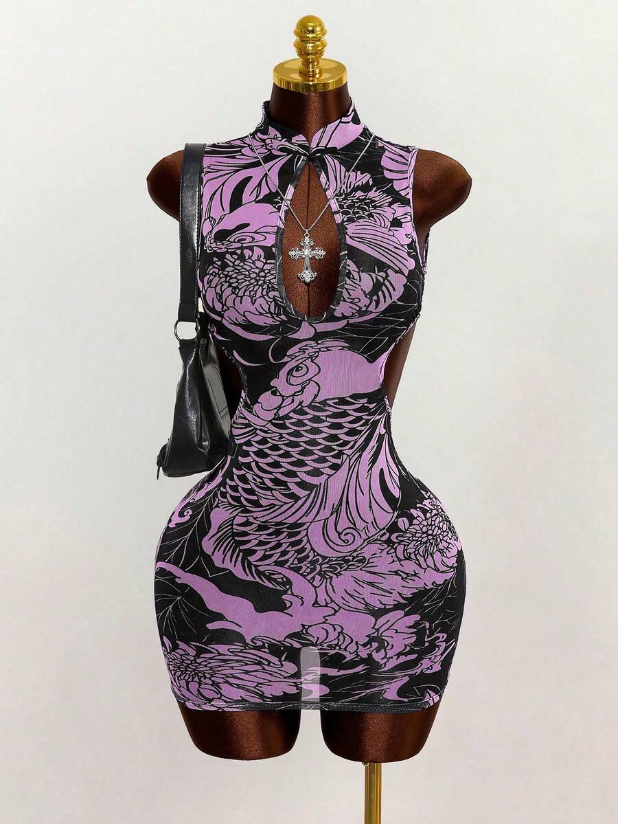 Mistrie Summer Vintage Dragon Print Sheer Mesh Hollow Out Chinese Collar Cheongsam Style Dress For Women,Purple Trashy Y2K Club Night Bodycon Dresses - Mauve Purple - View 1