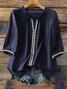 Franclia 女士亚麻混纺五分袖刺绣衬衫，新款春夏高端薄款休闲套头衫，时尚百搭度假上衣 - 藏蓝色 - 查看 1