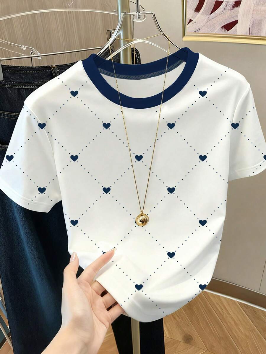 Resyla Áo thun cổ tròn in họa tiết trái tim và chấm bi dành cho nữ - trắng - Xem 1