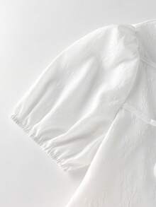 Chiquease Women's White Textured Ruffle Tie Bow Casual Blouse, Suitable For Date, Daily, Party, Commute, Afternoon Tea, Spring/Summer White Peplum Top Peplum Blouse White Babydoll Top Babydoll Tops Woman Puffed Sleeve Top Tie Front Top Ruffle Hem Top - White - View 4